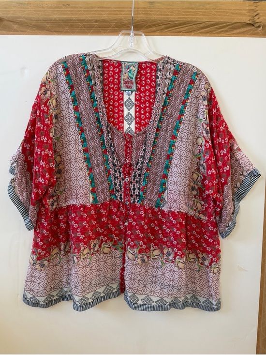 Johnny Was Tops - Johnny Was Red & Cream Mixed-Print Boho Peasant Blouse